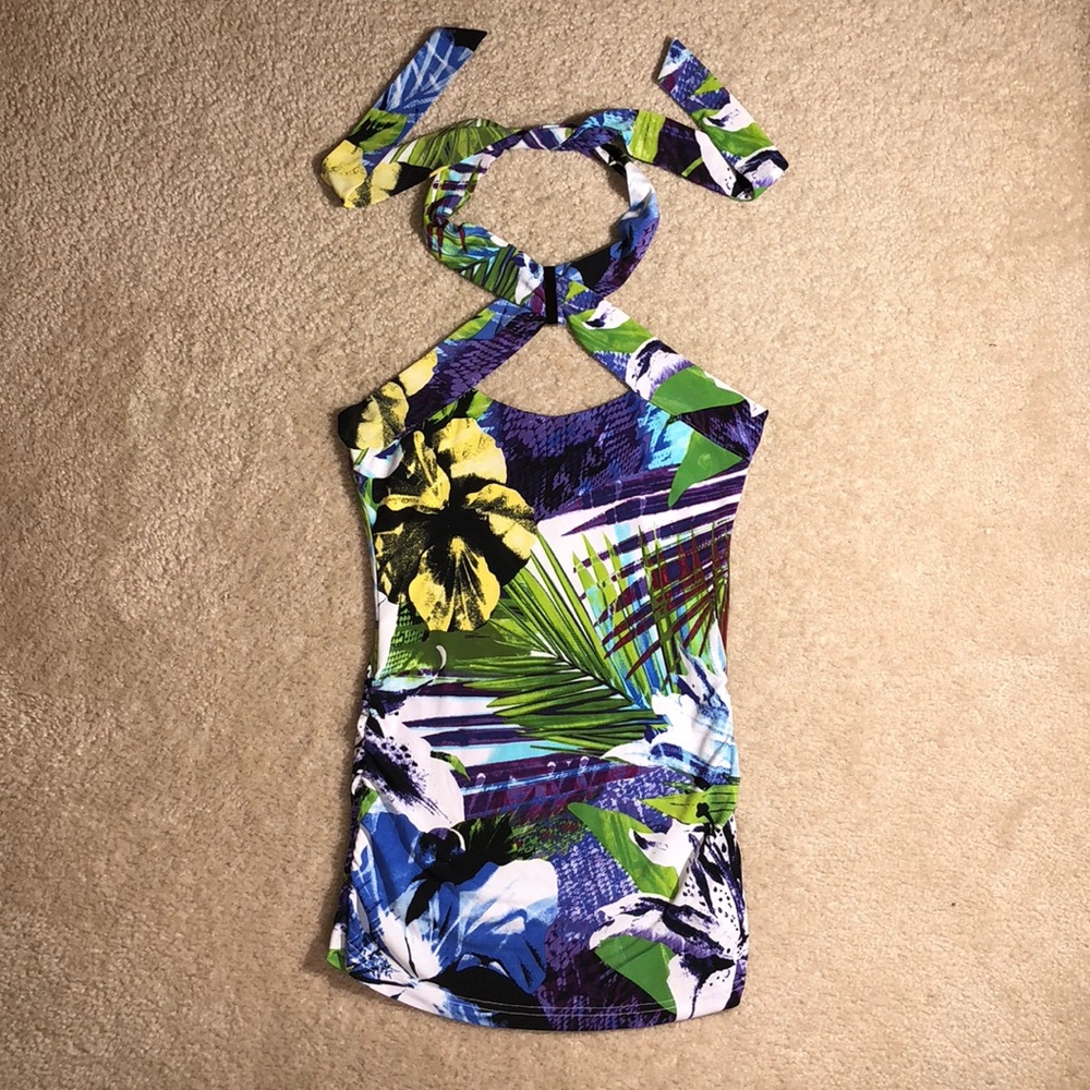 Bebe Tropical Print Neck Tie Halter Top